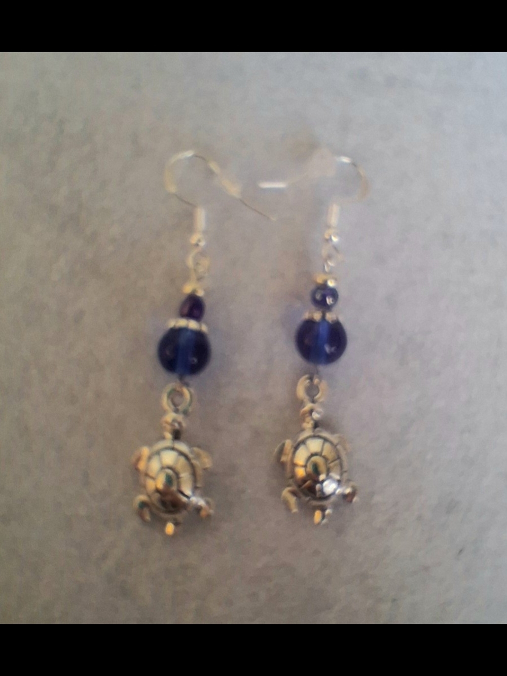 Silver Tone Turtle Charm Drop Pierced Earrings with Royal Blue Glass Beads